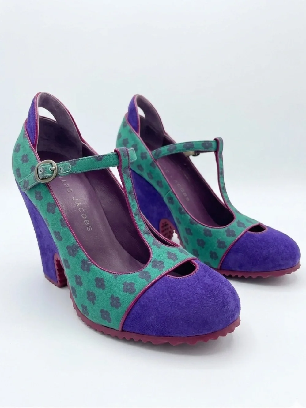 Vintage Marc Jacobs Purple Teal T-Strap Wedge Heels Retro Flower Sz 35.5